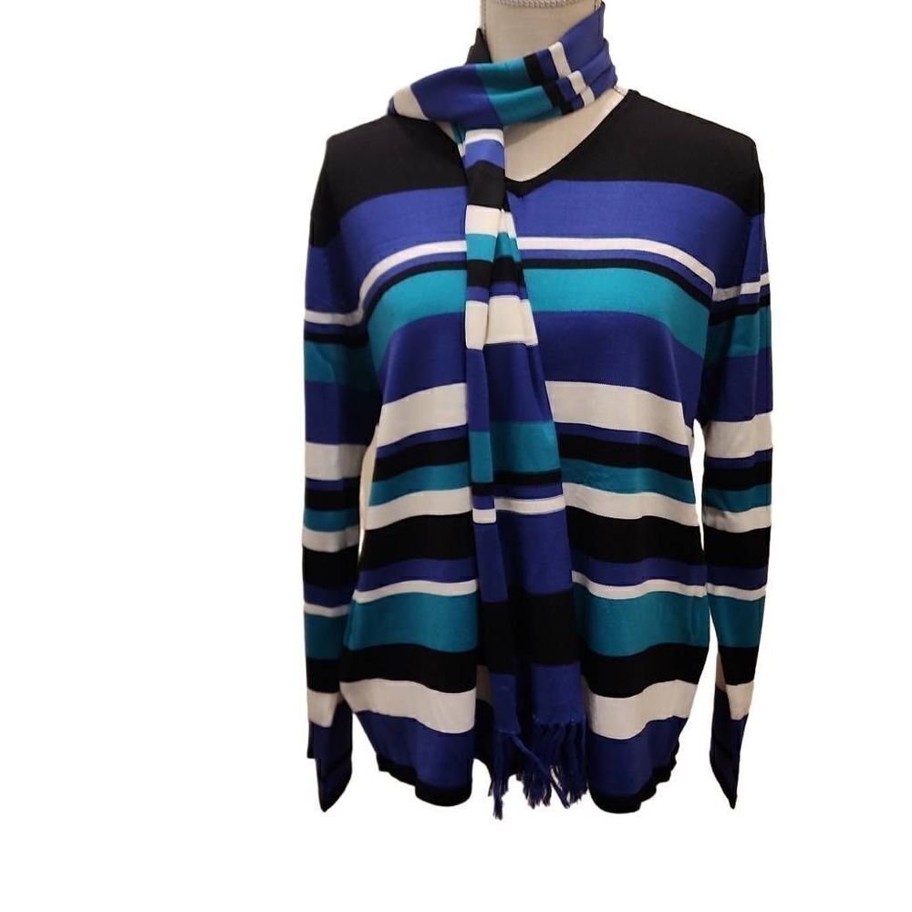 JM Collection Women's Multicolor Striped V-Neck Pullover Sweater and Scarf  Size